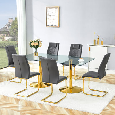 71" Dining Table Set, Modern Dining Room Table Set With Glass Top And Gold Round Pedestal Base