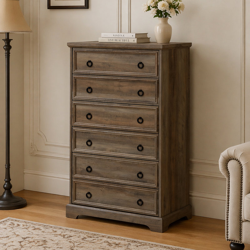 Grande commode de chambre moderne à six tiroirs avec sécurité anti-surmatelas, assemblage sans effort, rangement spacieux et touche médiévale distinctive