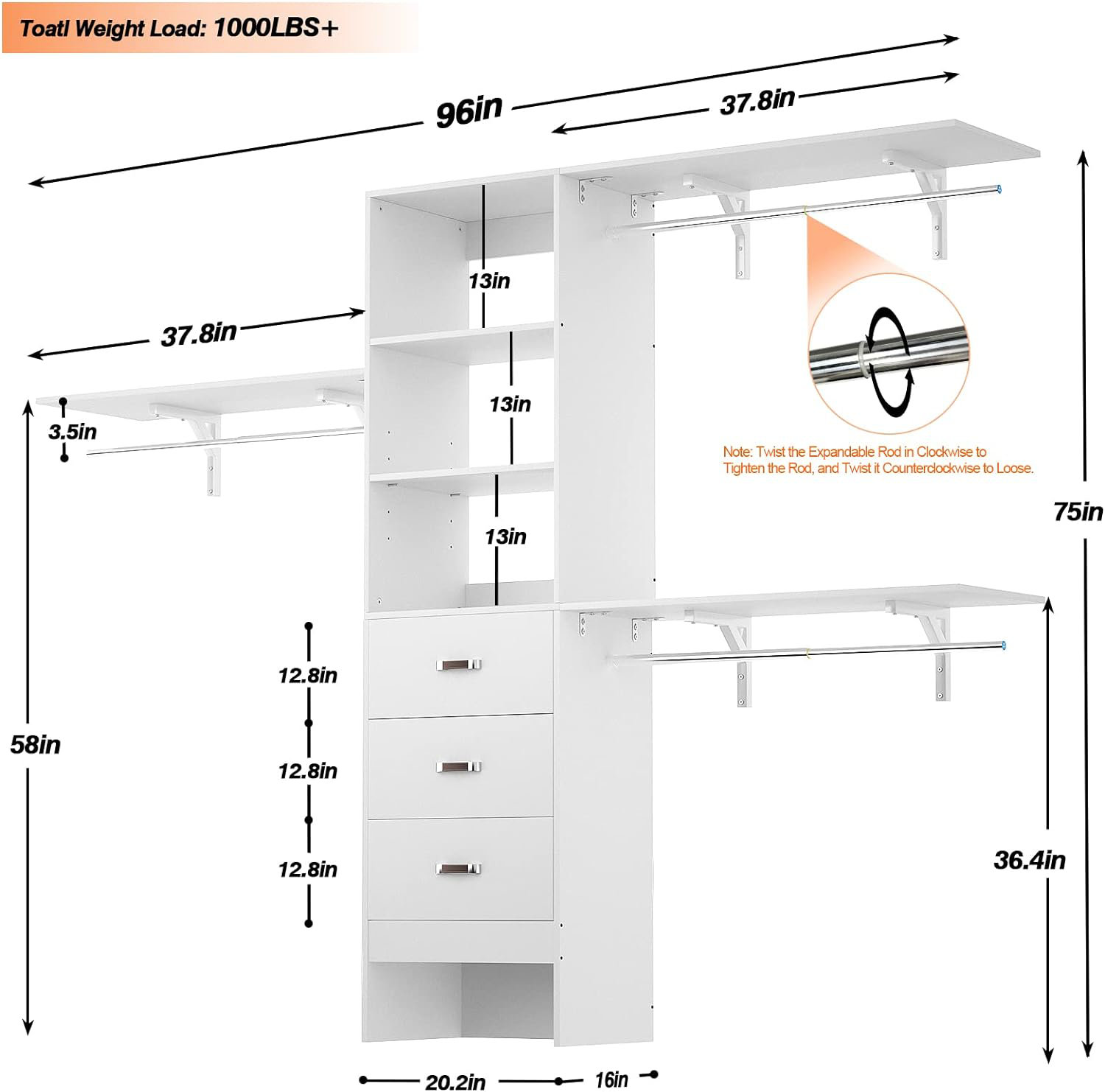 20.2''-  96‘’ W Closet System with Wooden Drawers