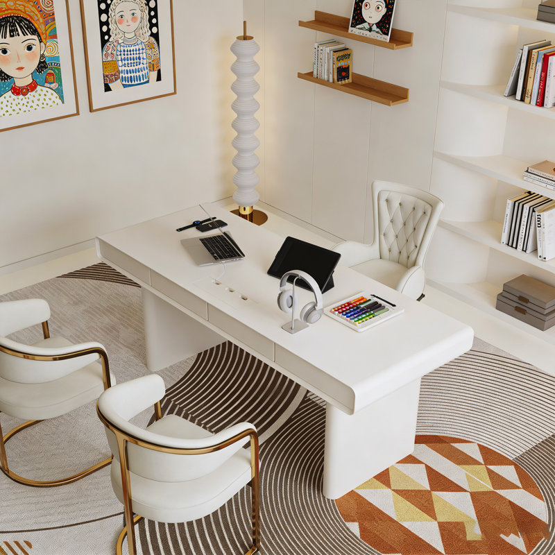 Modern Minimalist Cream-Colored Piano Lacquer 4-Drawer Desk, 29.53" H x 70.87" W x 27.56" D