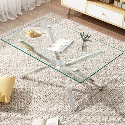 Table basse de 39,37 po en verre transparent rectangulaire, design élégant avec pieds en métal blanc, table basse de salon