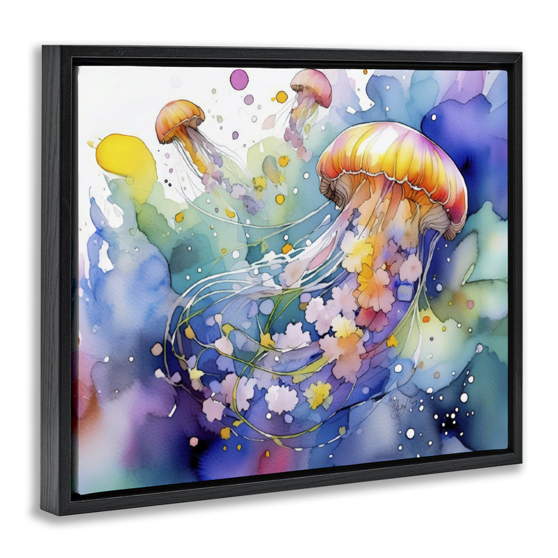 Cadre flottant Neon Jellyfish, conçu par Shelly Craig, H 25 po x l 31 po, Cadre flottant noir de jais