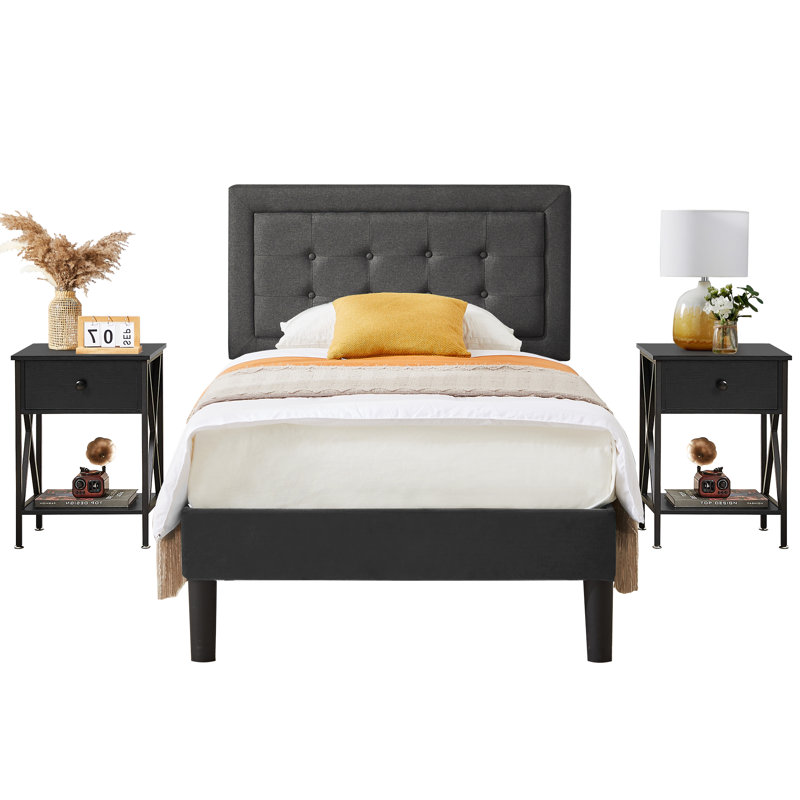 Ensemble de chambre à coucher et ensemble de table de chevet 3 pièces Kempst, Noir, Simple