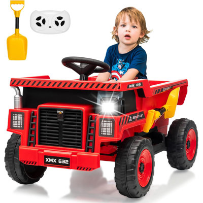 12V Kids Ride On Dump Truck With Remote Control Electric Car Toy For Toddlers Ride On Construction Vehicles With Electric Dump Bed,Shovel, Led Lights,