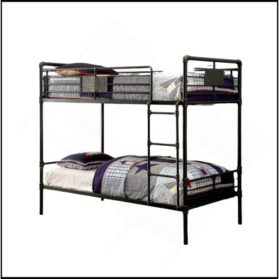 Industrial Style Bunk Bed Twin Over Twin Attached Ladder Full Metal And Pipe Inspired  Structure Upper Guard Rails Antique Black