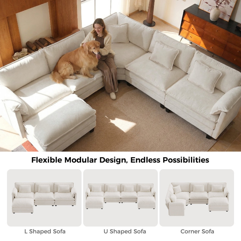 Amabilia L Shaped Upholstered Boneless Corner Modular Sectional Sofa Cloud Couch - Chenille Fabric, Beige Chenille