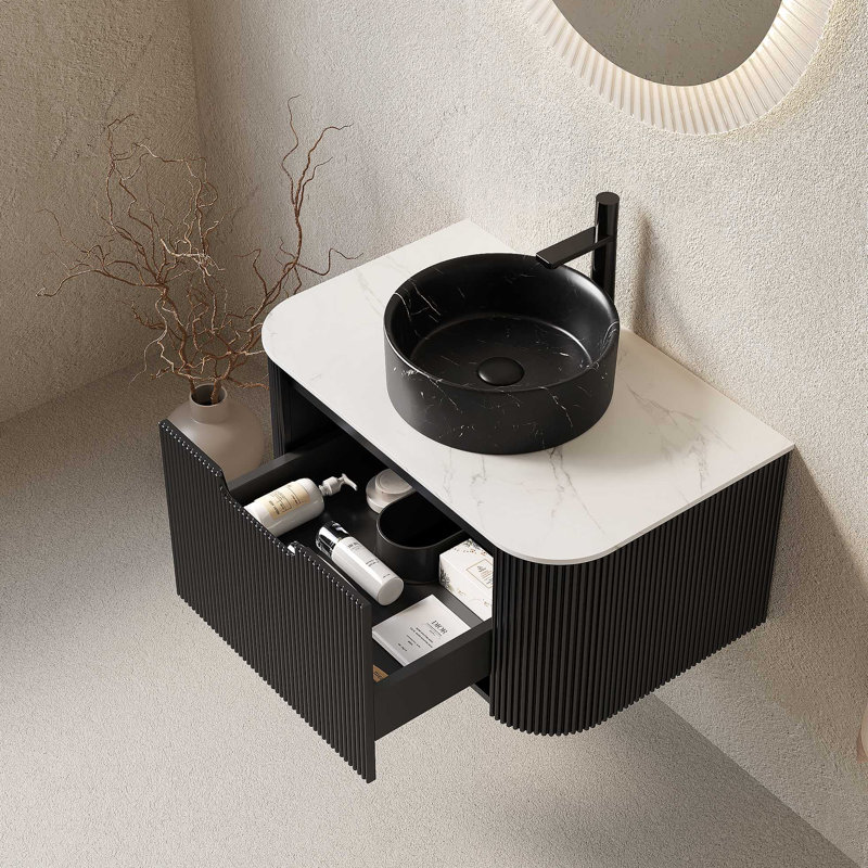 Meuble-lavabo de salle de bain, armoire de rangement rayée à bords arrondis flottants avec tiroir, lavabo rond en céramique et plateau en pierre frittée de Carrare, pré-assemblé