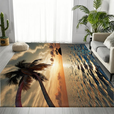 Tropical Beach Sunset Area Rug, Realistic Palm Tree Ocean Coastal Pattern, Soft Durable, Machine Washable Non-Slip Floor Carpet, Stylish Indoor Home Decor for Living Room, Bedroom, Entryway, Front Door, Kitchen, Balcony, Apartment