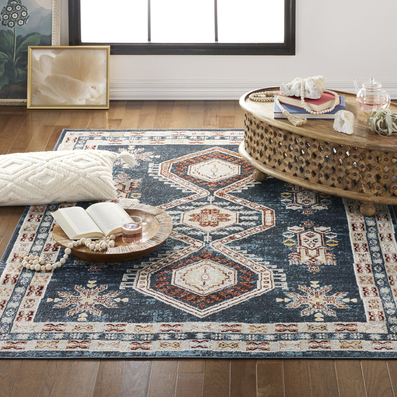 Beliz Southwestern Machine Washable Area Rug in Gray/Navy Blue, Rectangle 6'6" x 9'2"