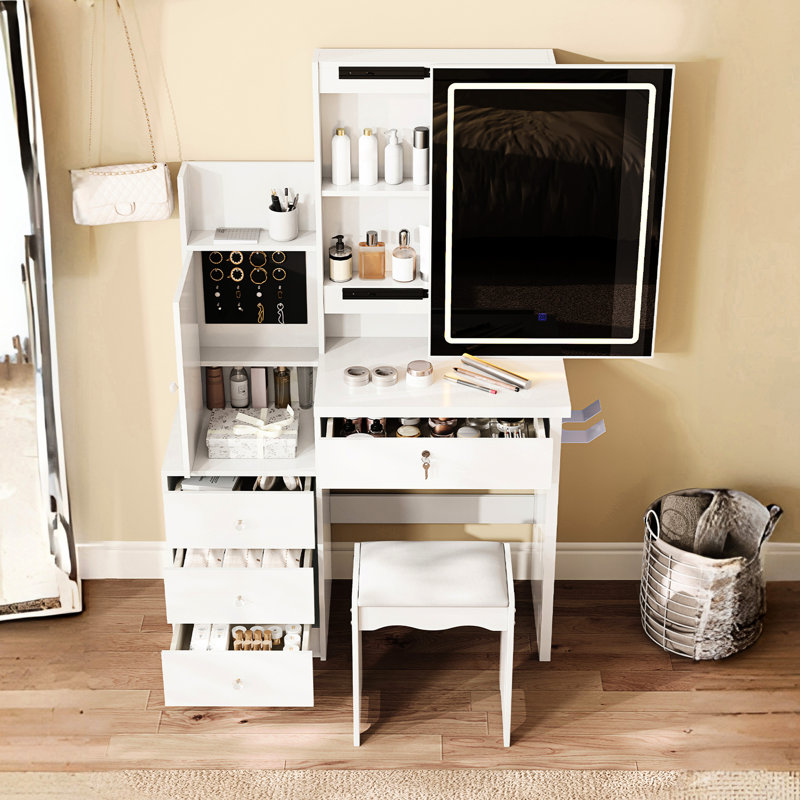 White Vanity Desk With Sliding Mirror, 4 Drawers, 9 Storage Areas, Hidden Compartments And Comfortable Stool. Led Mirror Three Color Temperatures Stepless Dimming. Integrated Power Hub 2 Ac Outlets,