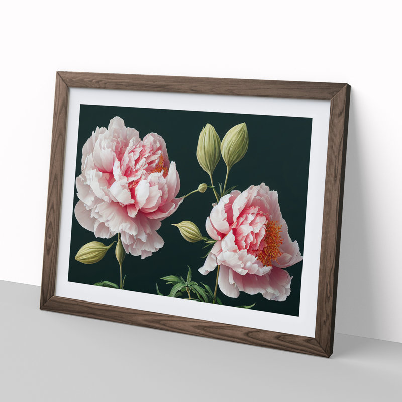 Fascinating Peony Flowers 1 Piece Single Picture Frame Wall Art, 34cm H x 46cm W x 2cm D, Walnut Framed