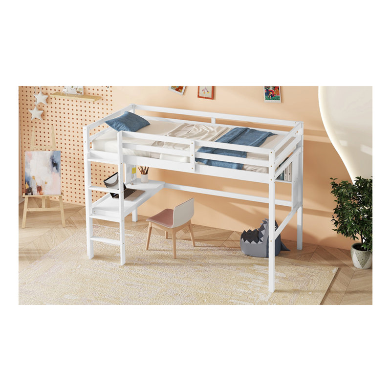 Lit mezzanine simple avec bureau et tablettes, barrière de sécurité et échelle, blanc