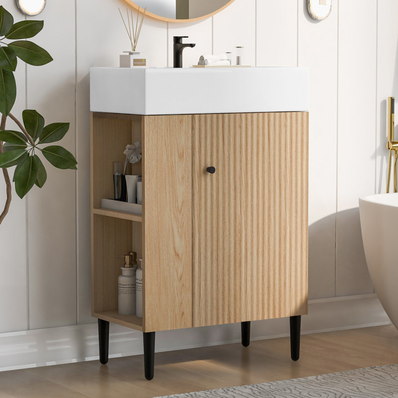 Meuble-lavabo de 21,6 po avec lavabo en céramique et rangement intelligent, Bois, Noir