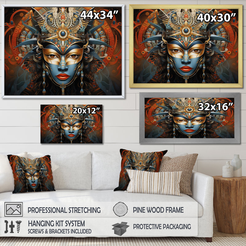 Art africain masqué, splendeur sur toile, Cadre flottant noir, H 34 po x l 44 po x P 1,5 po