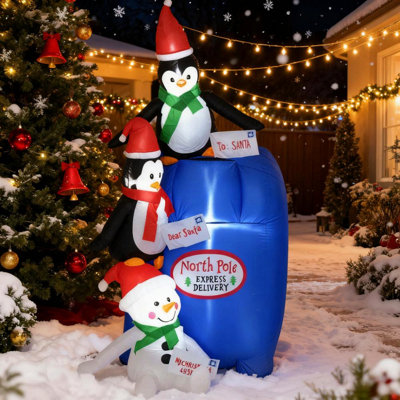 Boîte aux lettres North Pole avec pingouins et bonhomme de neige, décorations de Noël gonflables pour l'extérieur, décor de Noël gonflable avec lumières DEL