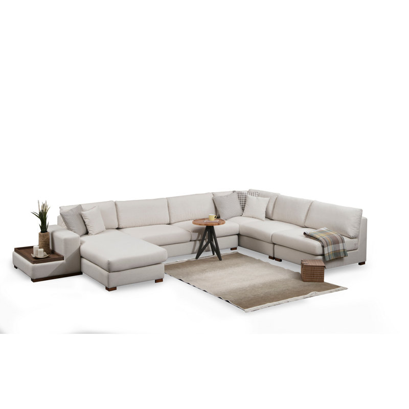 Élégant canapé d'angle avec structure en bois de hêtre, 8,9 x 14,1 x 33,5 pi | Tissu 100% polyester, nettoyage à sec | Comprend 5 coussins (17,7 po x 17,7 po) | Pieds en noyer durables, parfaits pour les salons de style scandinave et hôtelier