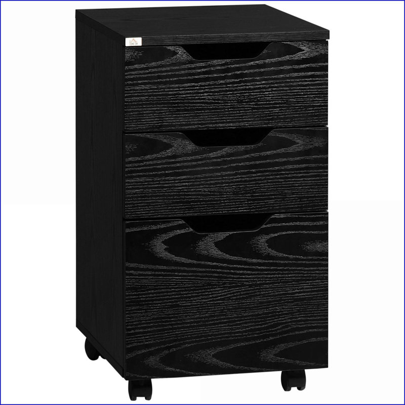Armoires | Armoire de rangement à 3 tiroirs sous le bureau avec roulettes, grain de bois noir contemporain | Panneau de particules | Noir