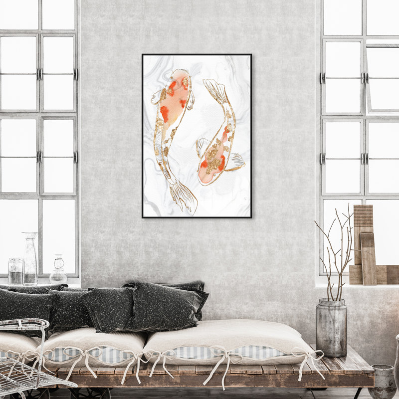 « two koi fish marble », impression sur toile, Cadre noir, H 30 po x l 20 po