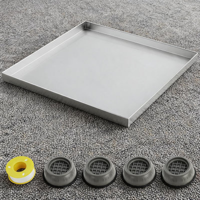 Heavy Duty 304 Stainless Steel Washing Machine Drain Pan - 28x30 Inch - Rust Resistant, Easy to Clean Drip Tray - Floor Protection for Laundry Room - Includes 4 Anti-Vibration Suction Cup Feet
