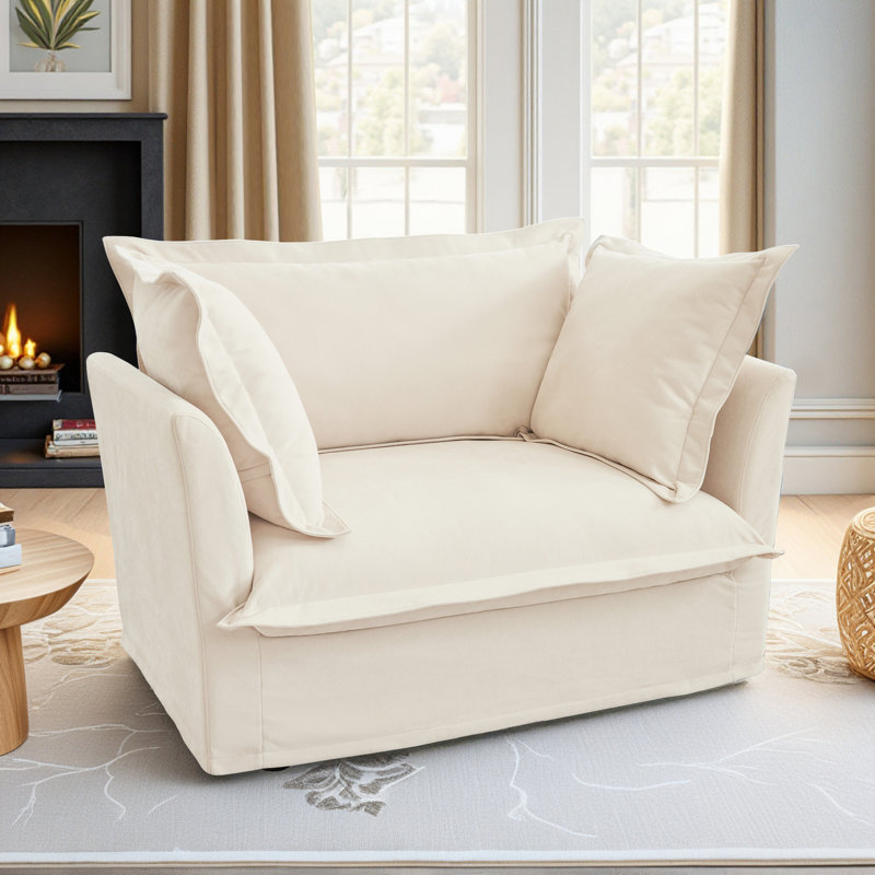 49" Upholstered Armchair with 2 Big Toss Pillows, Cream Chenille