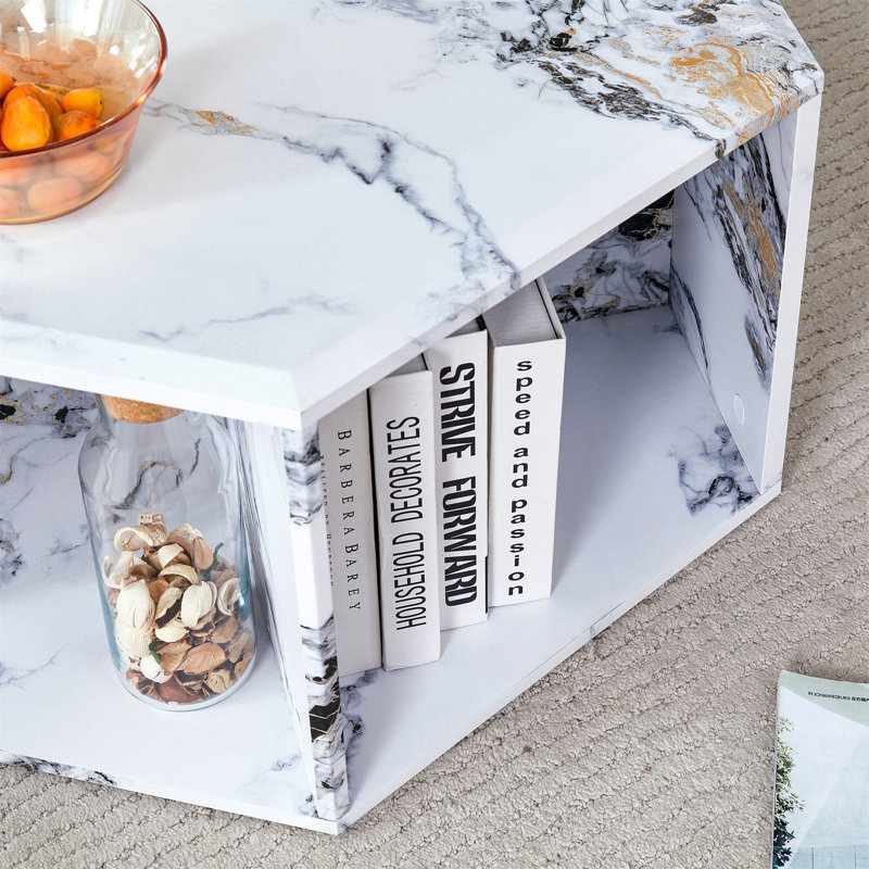 Hexagonal MDF Coffee Table, White Marbl Pattern Stickers, Multi-Hole Design To Give More Storage Space, Simple And Convenient Design Makes It Suitable For All Kinds Of Style Scenes. 25*21.6