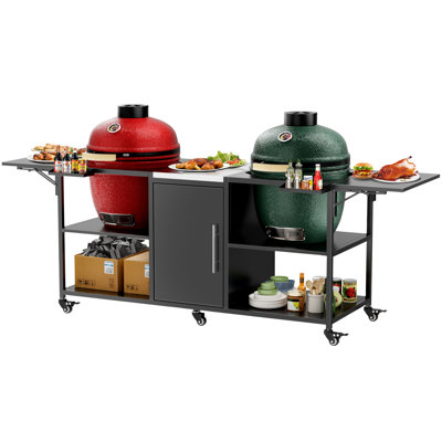 Outdoor Grill Cart For Two Big Green Egg, Metal Grill Table Compatible With Large Big Green Egg,Kamado Joe 18 Inch,And Other Similar Models