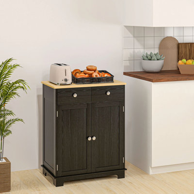 Buffet noir vieilli avec comptoir en bois massif, armoire de rangement moderne avec portes à 2 tiroirs et tablette réglable