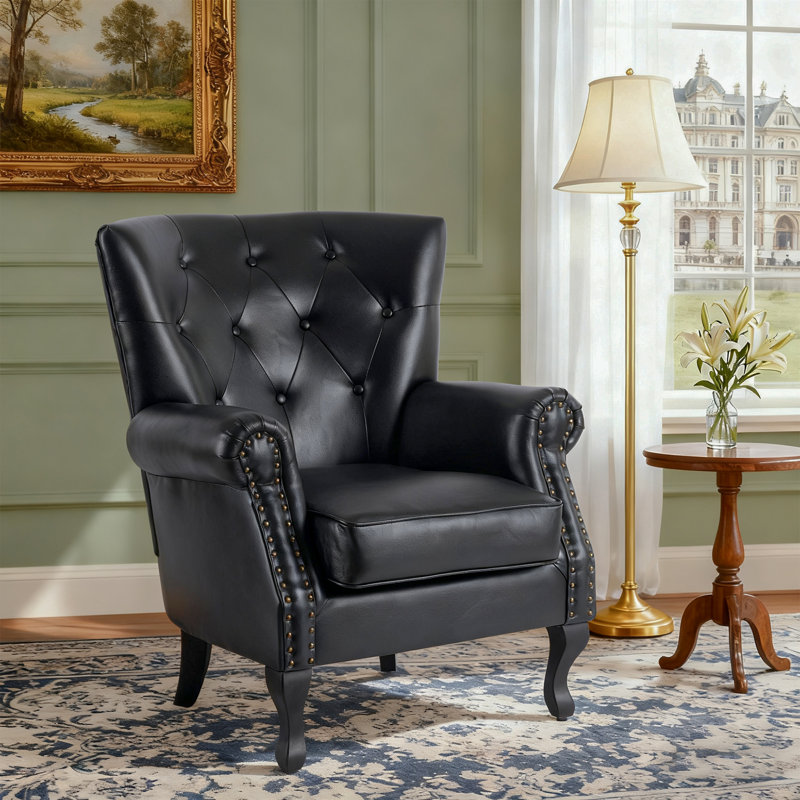 Diavion 24"W Faux Leather Wingback Chair, Black Faux Leather