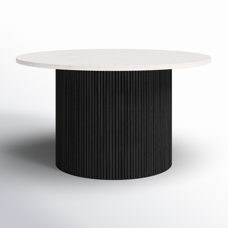 Round Black Wood Drum Base Marble Top End Table