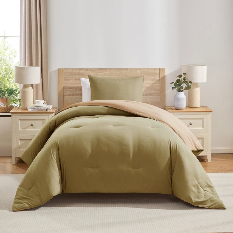 Ensemble d'édredon réversible ultra doux 2 pièces, Kaki / beige, Édredon pour lit simple + 1 taie décorative stan