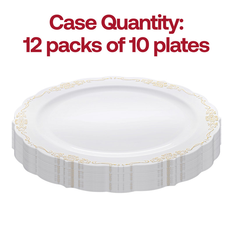 White with Gold Vintage Rim Round Disposable Plastic Appetizer/Salad Plates (7.5")