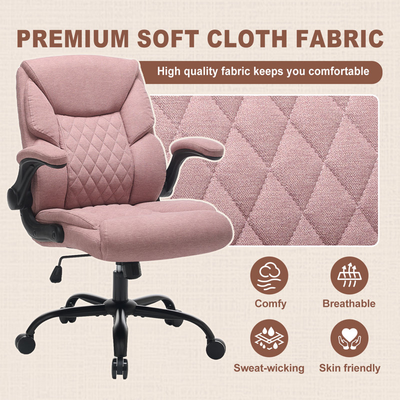  Cloth Office Chair with Lumbar Support, Thickened Seat, Small Swivel Rocking Fabric Desk Chairs, Comfy Computer Chair with Rolling Wheels & Flip up Armrests, Executive Chair |Pink