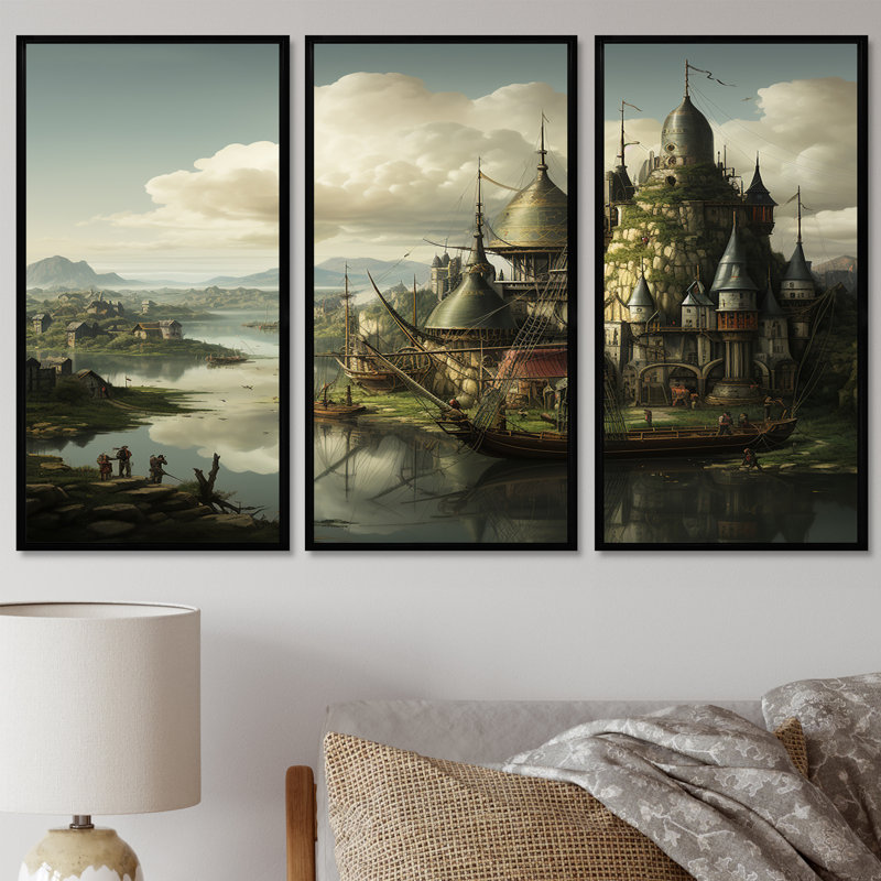 Odaly - ensemble de décorations murales châteaux, Cadre flottant noir, H 32 po x l 48 po x P 1 po