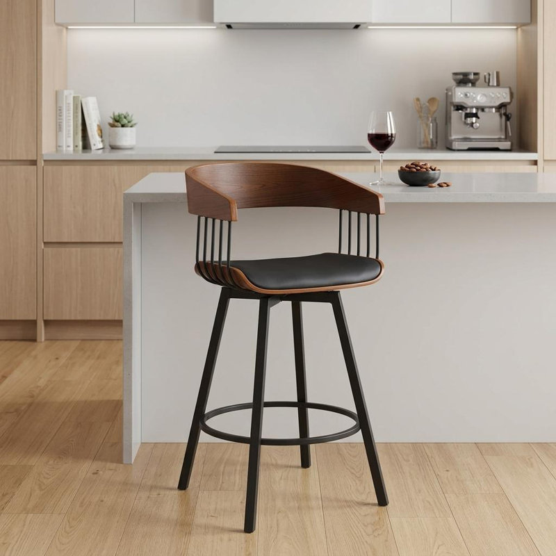 Lynnox Swivel Counter or Bar Height Upholstered Stool with Arms, Counter Stool (27" Seat Height), Walnut/Black, Black