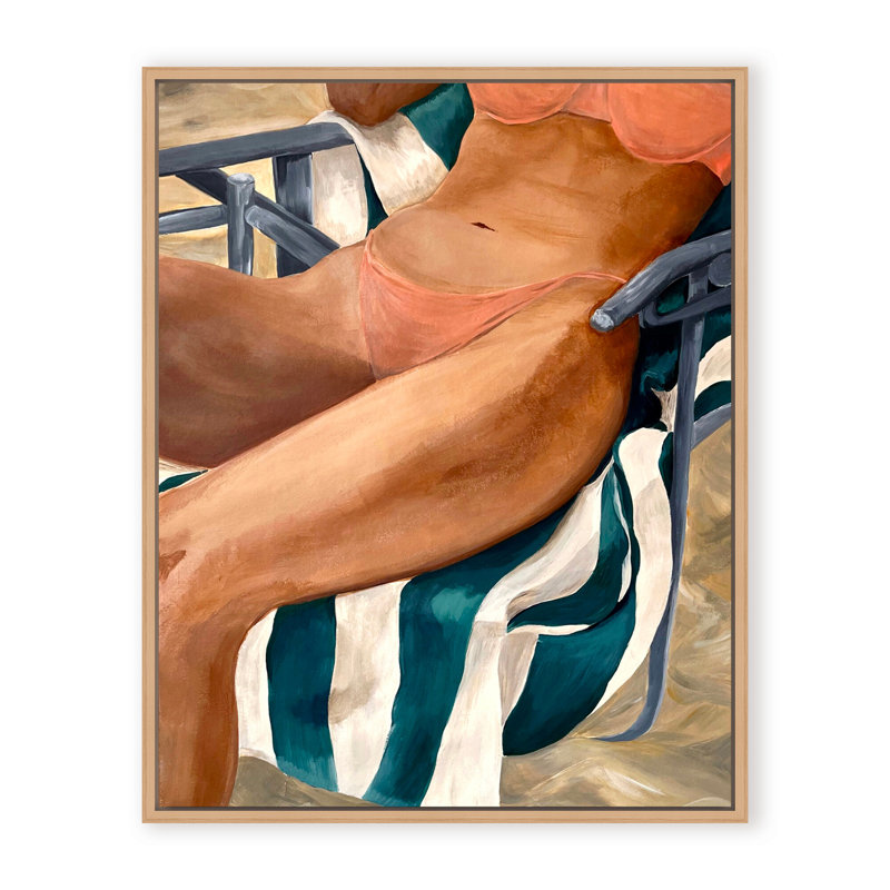 Coastal Retreat Riviera Retreat: Woman Lounging On Beach Towel And Chair, 48" H x 36" W x 2.375" D, Framed Canvas, Gold