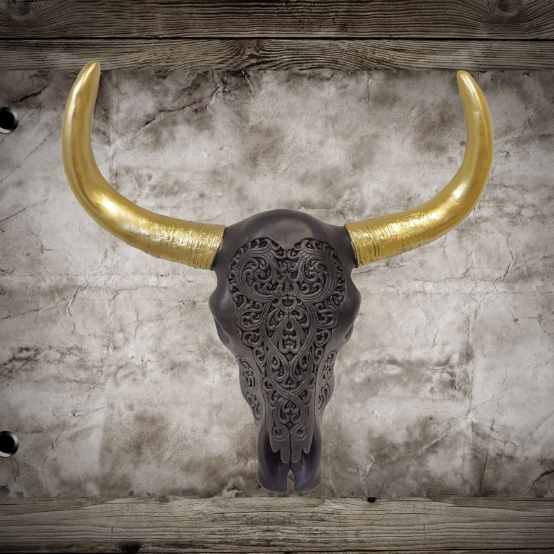 Resin Southwestern Wall Decor Black Bull Skull with Gold Horns Design