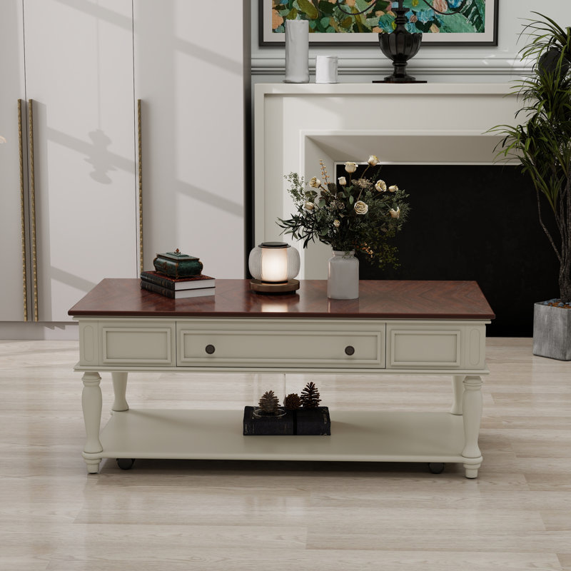 Table basse Farmhouse, table de cocktail rectangulaire mobile avec rangement, Noyer, Blanc