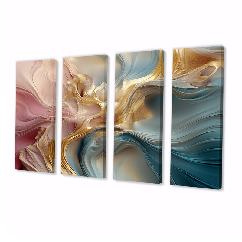 «Pastel liquide», art mural abstrait bleu pastel rose et or moderne pour le salon, 4 pièces, H 28 po x l 48 po