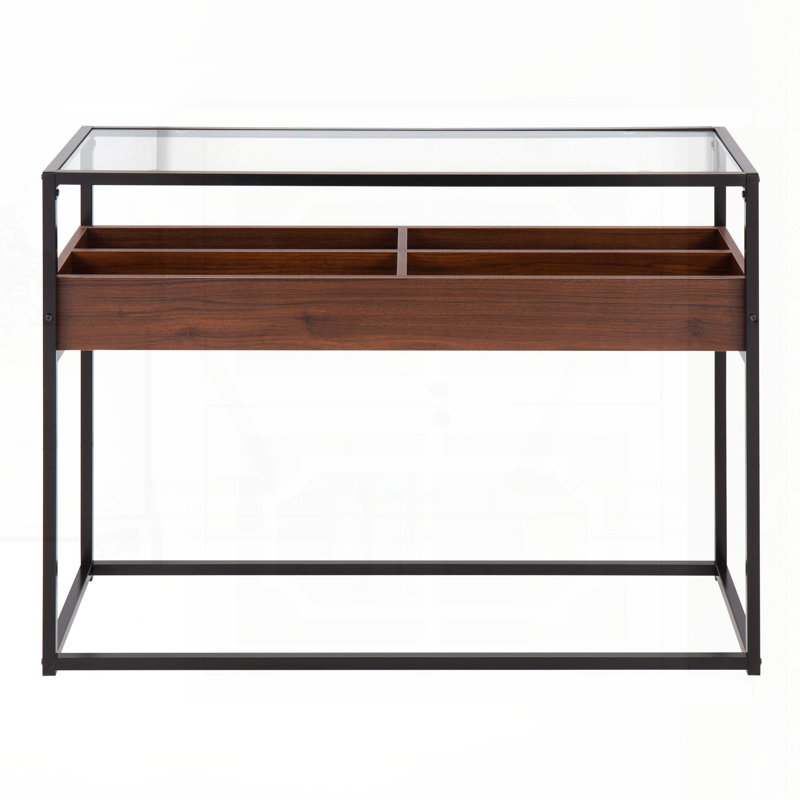 Console contemporaine avec plateau en verre trempé et compartiments de rangement, Brun, Brun