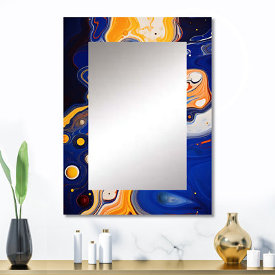 Jaune et bleu liquide encre de rivière III - miroir décoratif à encre liquide, grand miroir mural jaune, impression sur métal