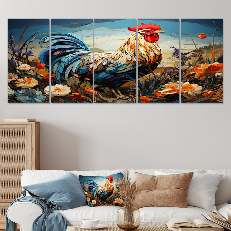 Coq de ferme florale - ensemble d'art mural coq 5 pièces, H 32 po x l 80 po