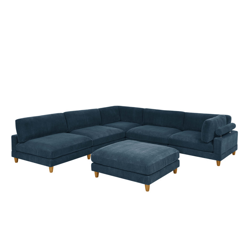 Canapé modulaire à large assise en velours côtelé, Velours côtelé bleu foncé, H 34 po x l 178 po x P 89 po