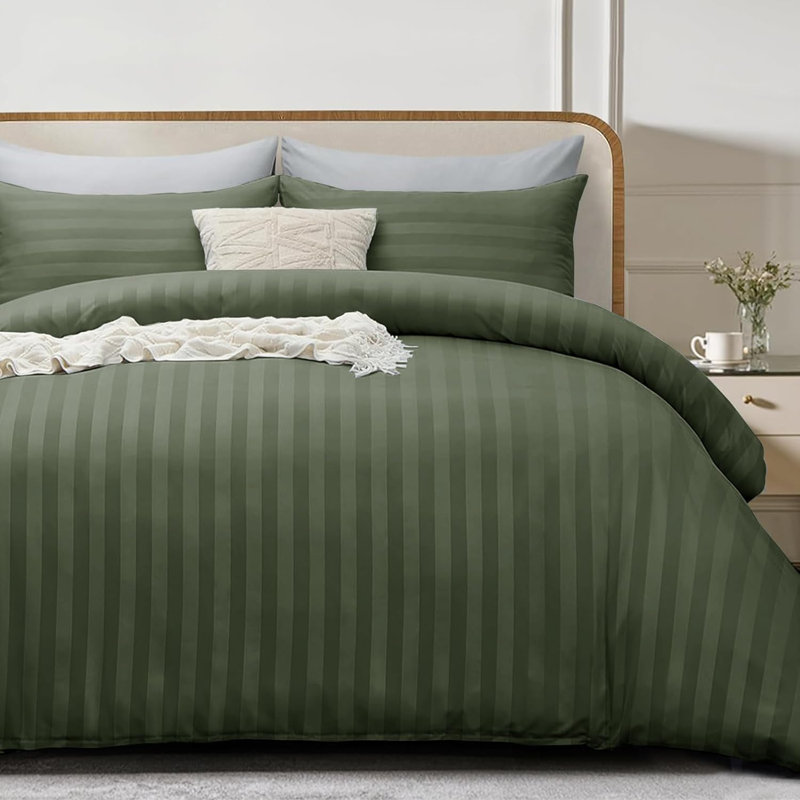 Microfiber Striped Duvet Cover Set with Pillowcases, Olive Green, Double Duvet Cover 2 Pillowcases