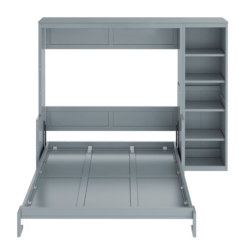 Grand lit gris avec système de bureau et de tablettes, structure en pin, pliable pour la conservation de l'espace, bibliothèque à lattes de bois, structure, optimisation, solutions de rangement multiples