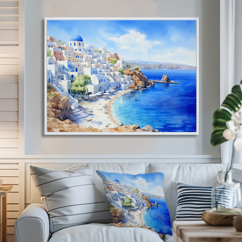 Santorini, Grèce, sérénité - Grèce, art mural, Cadre flottant blanc, H 16 po x l 32 po x P 1 po