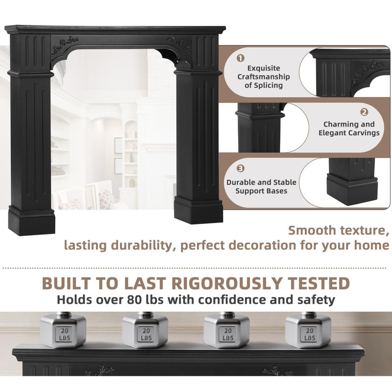  43.28" Fireplace Mantel, Freestanding Fireplace Surround With Leg For Electric Fireplaces, Mdf Mantel Surround With Shelf For Living Room With Decorative Pattern, Anti-Tipping & Waterproof