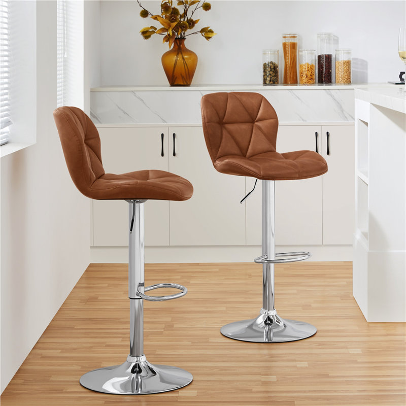Adjustable Modern PU Leather Swivel Bar Stools with Backrest, Retro Brown