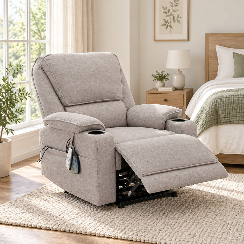 Fauteuil inclinable électrique rembourré de 84,3 cm (33,2 po) de largeur avec poches latérales de massage et de chauffage - Gris pâle