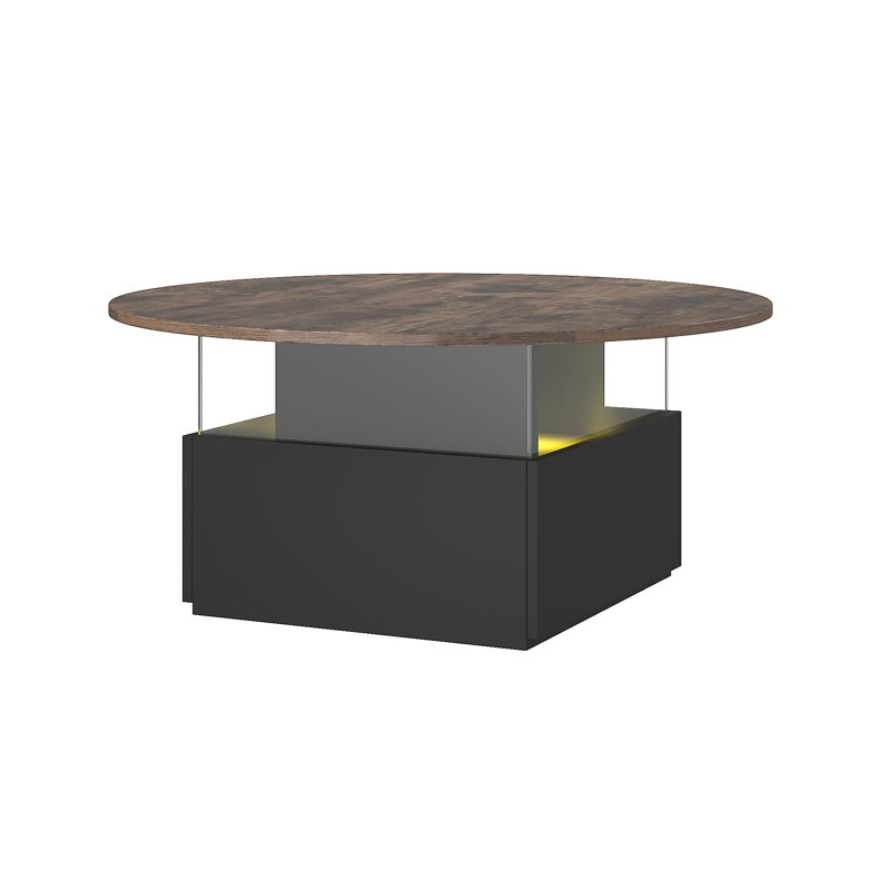Petite table basse ronde moderne en acrylique avec lumière DEL, Bois naturel, Noir
