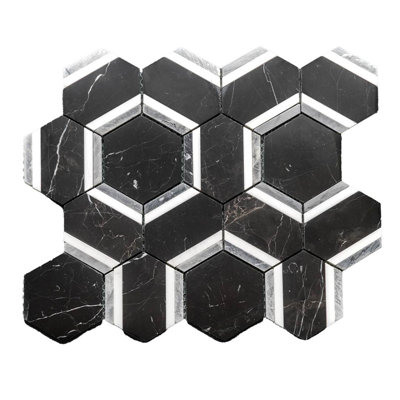 Carreau de mosaïque en marbre hexagonal 13 po x 11 po Pelta Orb